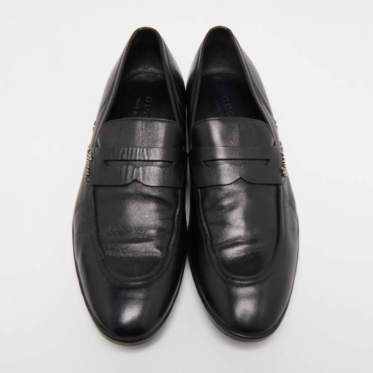 Pre Owned Gucci Black Leather Slip On Loafers Size 40.5