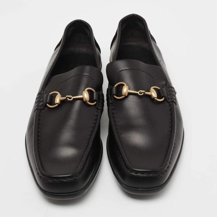 Pre Owned Gucci Black Leather Horsebit Slip On Loafers Size 42