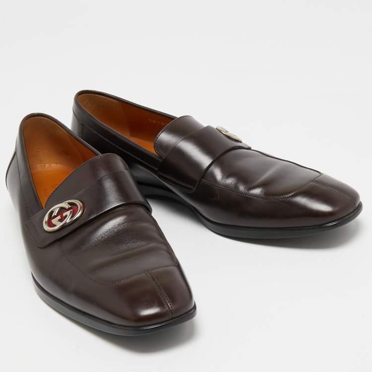 Pre Owned Gucci Dark Brown Leather Interlocking G Slip On Loafers Size 39.5