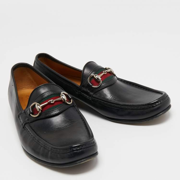Pre Owned Gucci Black Leather Web Horsebit Loafers Size 41.5