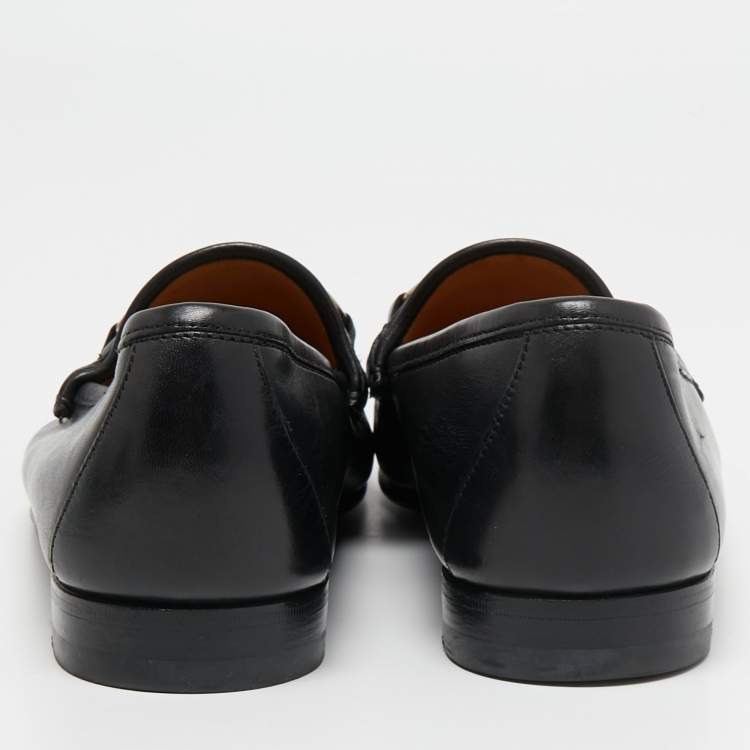 Pre Owned Gucci Black Leather Web Horsebit Loafers Size 41.5