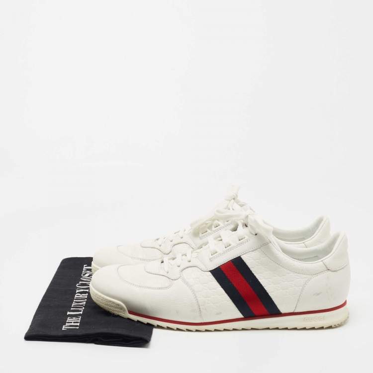 Pre Owned Gucci White Micro Guccissima Leather Web Low Top Sneakers Size 46