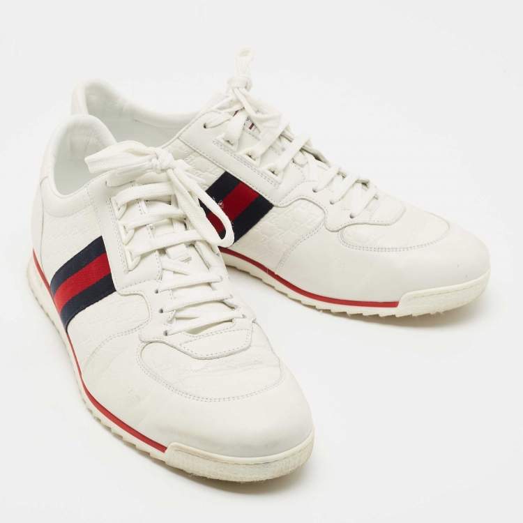 Pre Owned Gucci White Micro Guccissima Leather Web Low Top Sneakers Size 46