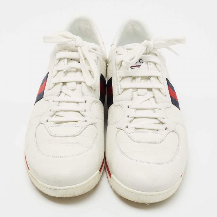 Pre Owned Gucci White Micro Guccissima Leather Web Low Top Sneakers Size 46