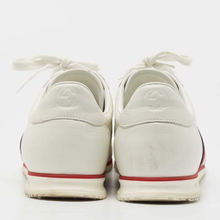 Pre Owned Gucci White Micro Guccissima Leather Web Low Top Sneakers Size 46