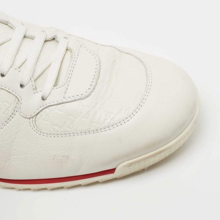 Pre Owned Gucci White Micro Guccissima Leather Web Low Top Sneakers Size 46