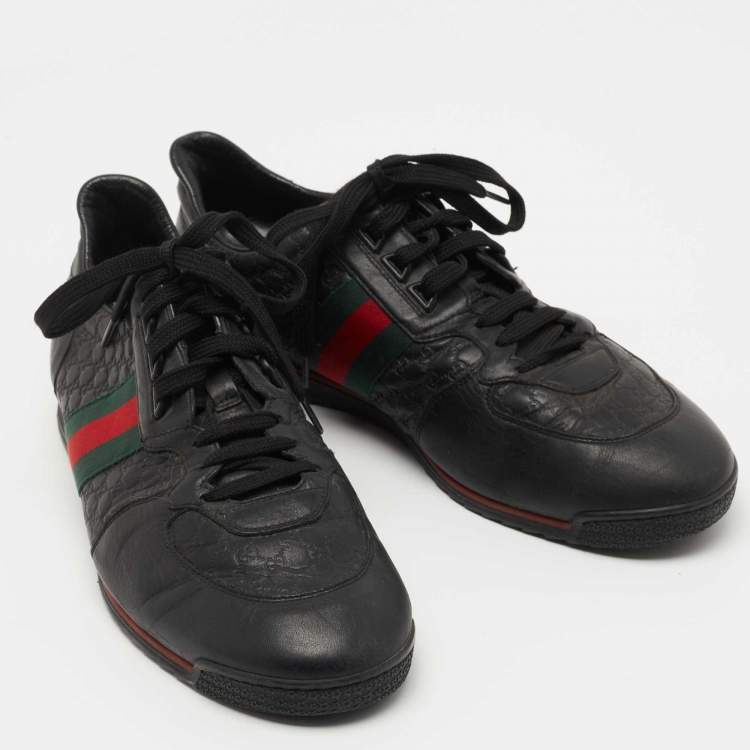 Pre Owned Gucci Black Microguccissima Leather Web Low Top Sneakers Size 44.5