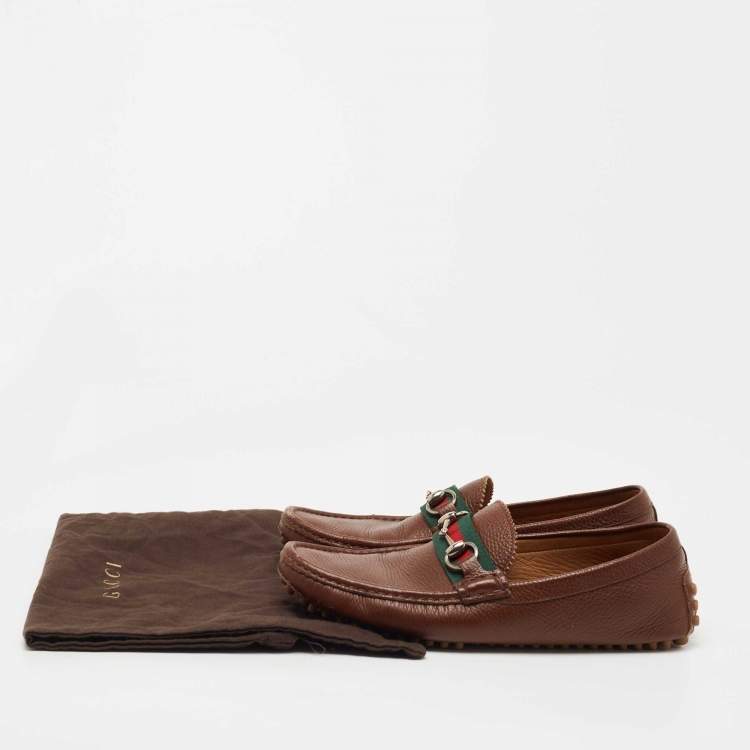 Pre Owned Gucci Brown Leather Web Horsebit Loafers Size 41.5