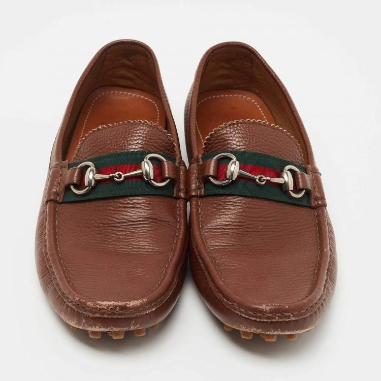 Pre Owned Gucci Brown Leather Web Horsebit Loafers Size 41.5