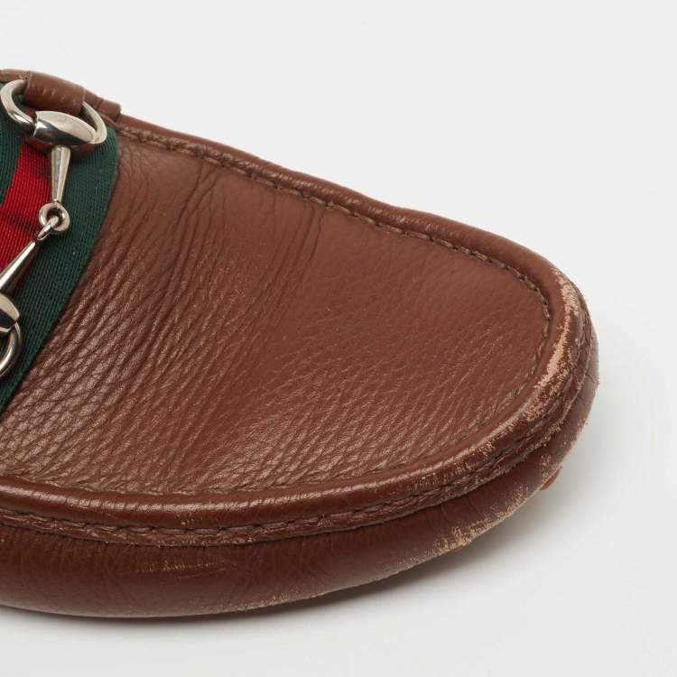 Pre Owned Gucci Brown Leather Web Horsebit Loafers Size 41.5