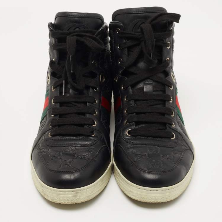 Pre Owned Gucci Black Guccissima Leather Web High Top Sneakers Size 42 