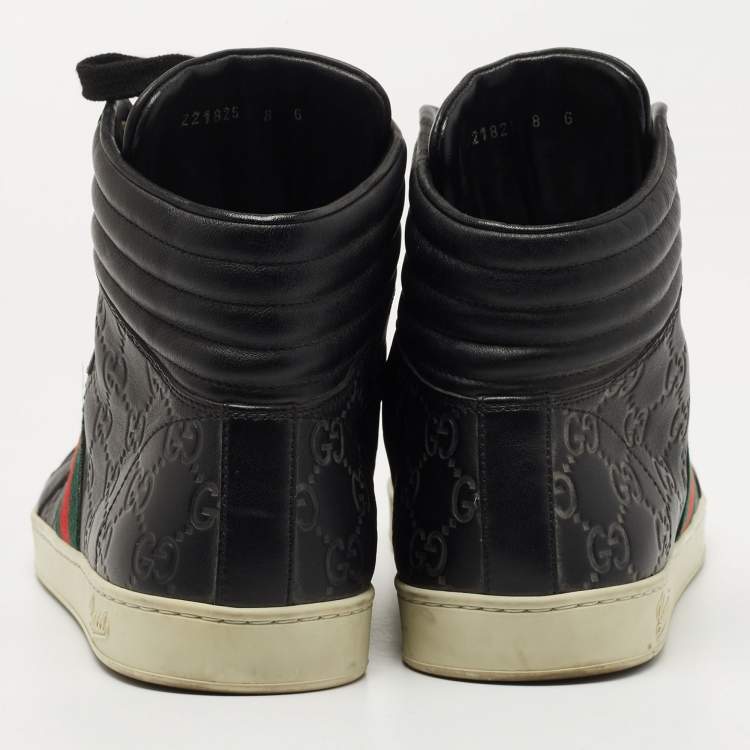 Pre Owned Gucci Black Guccissima Leather Web High Top Sneakers Size 42 
