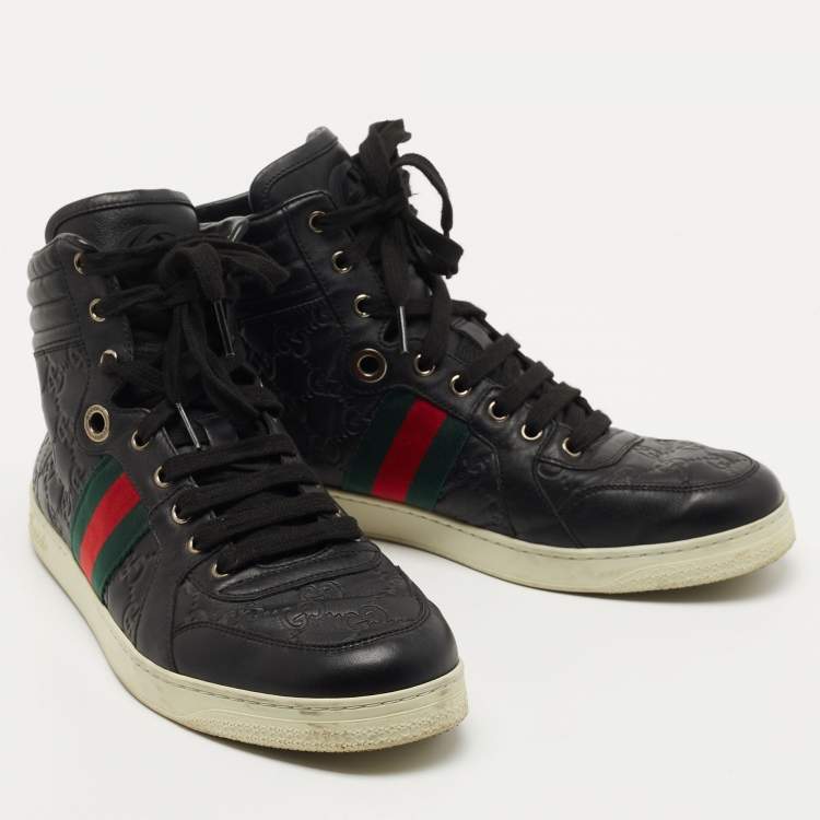 Pre Owned Gucci Black Guccissima Leather Web High Top Sneakers Size 42 