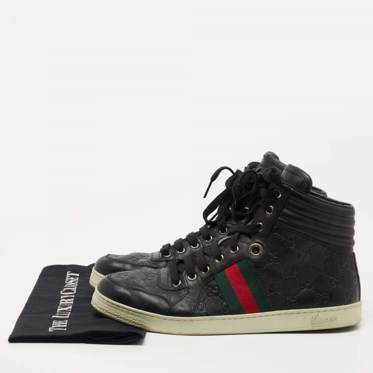 Pre Owned Gucci Black Guccissima Leather Web High Top Sneakers Size 42 