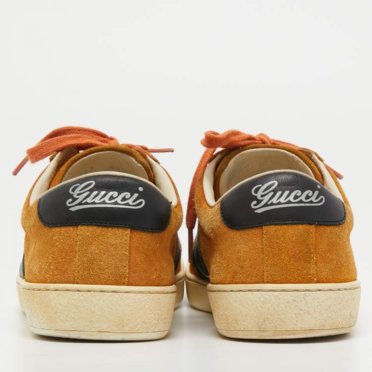 Pre Owned Gucci Orange Suede Web Low Top Sneakers Size 40.5