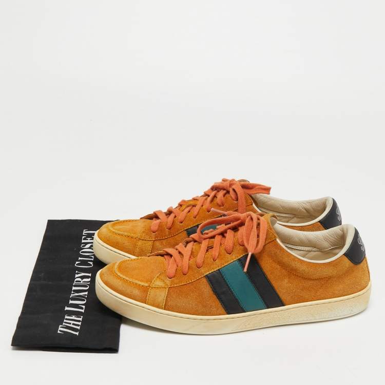 Pre Owned Gucci Orange Suede Web Low Top Sneakers Size 40.5