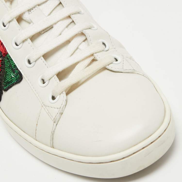 Pre Owned Gucci White Leather Sequin Lips Ace Low Top Sneakers Size 41