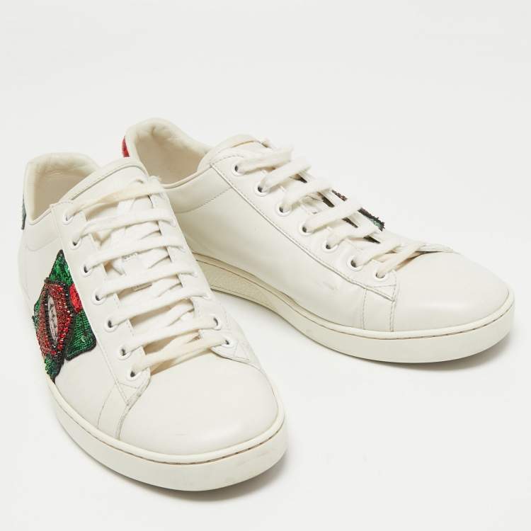 Pre Owned Gucci White Leather Sequin Lips Ace Low Top Sneakers Size 41