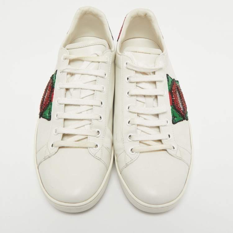 Pre Owned Gucci White Leather Sequin Lips Ace Low Top Sneakers Size 41