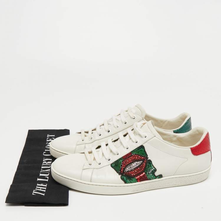 Pre Owned Gucci White Leather Sequin Lips Ace Low Top Sneakers Size 41