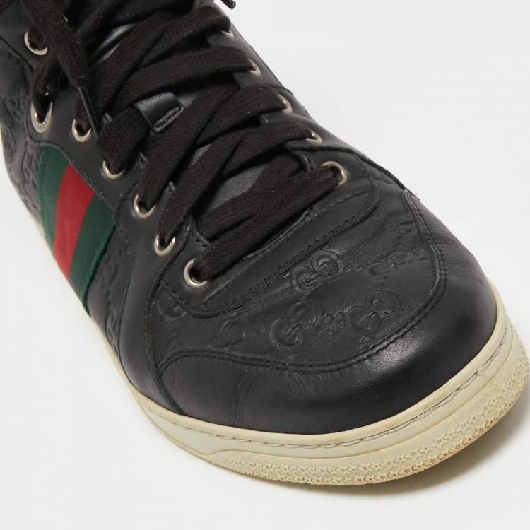 Pre Owned Gucci Black Guccissima Leather Web Detail High Top Sneakers Size 40.5