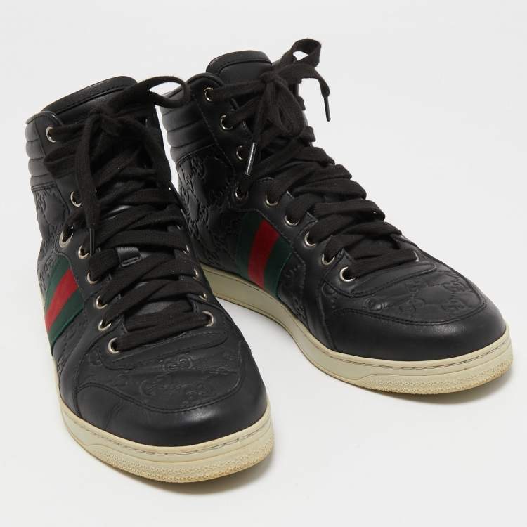 Pre Owned Gucci Black Guccissima Leather Web Detail High Top Sneakers Size 40.5