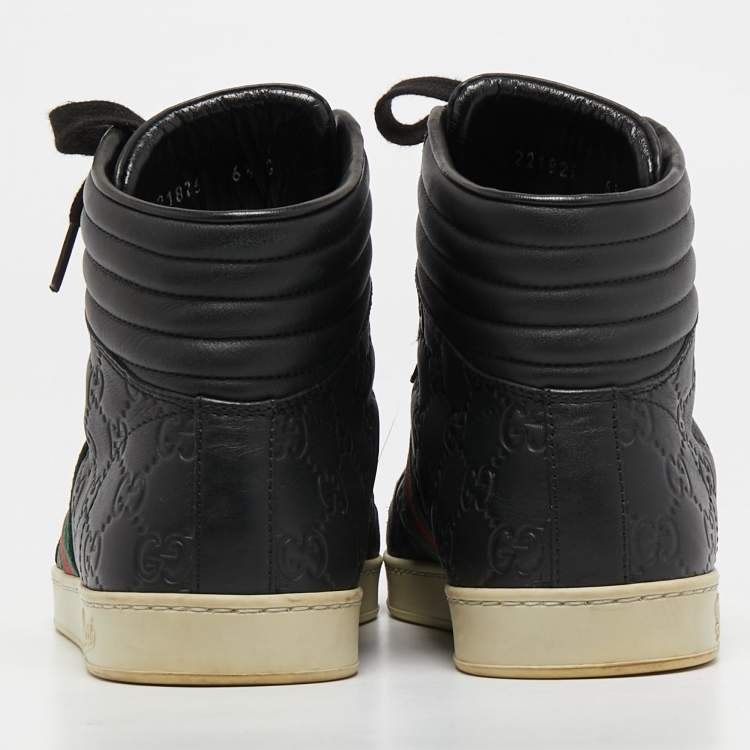 Pre Owned Gucci Black Guccissima Leather Web Detail High Top Sneakers Size 40.5
