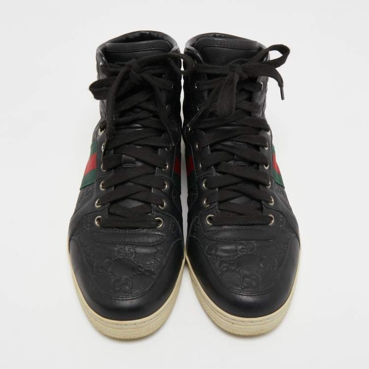 Pre Owned Gucci Black Guccissima Leather Web Detail High Top Sneakers Size 40.5