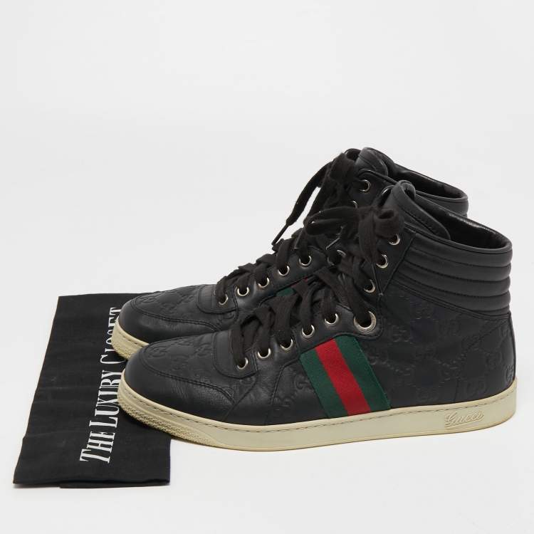 Pre Owned Gucci Black Guccissima Leather Web Detail High Top Sneakers Size 40.5