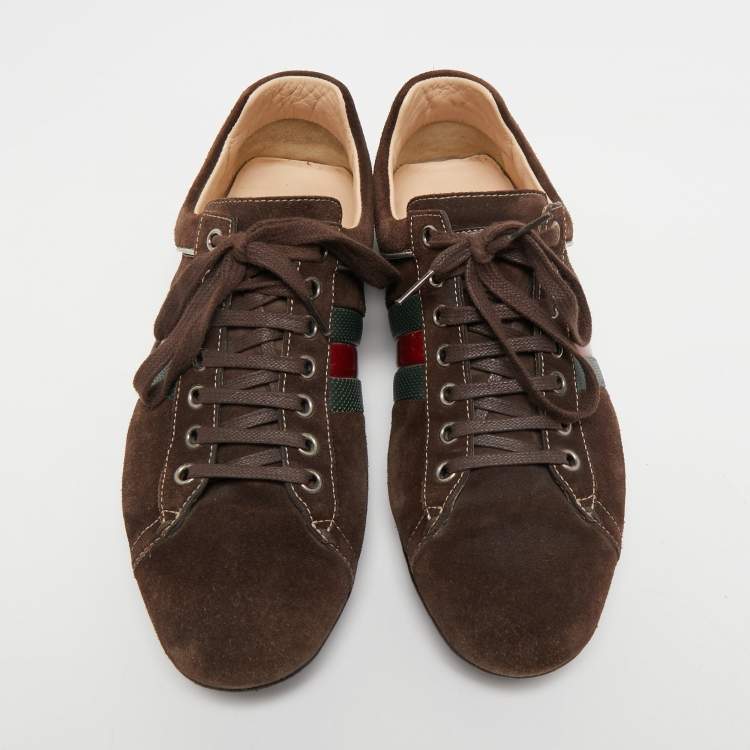 Pre Owned Gucci Dark Brown Suede Web Sneakers Size 40.5