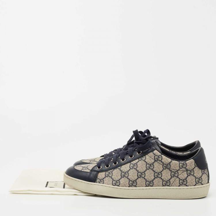 Pre Owned Gucci Navy Blue/Grey Leather and Coated Canvas GG Low Top Sneakers Size 40