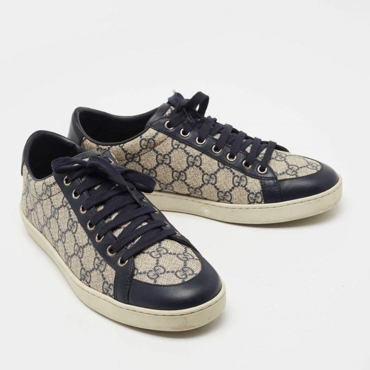Pre Owned Gucci Navy Blue/Grey Leather and Coated Canvas GG Low Top Sneakers Size 40