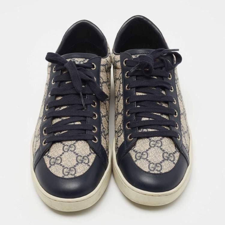 Pre Owned Gucci Navy Blue/Grey Leather and Coated Canvas GG Low Top Sneakers Size 40