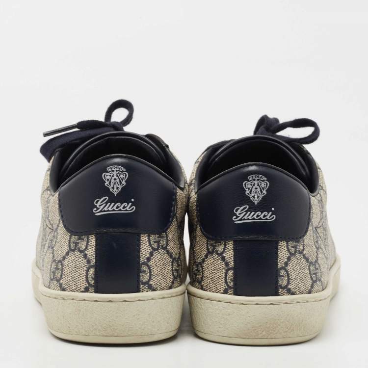 Pre Owned Gucci Navy Blue/Grey Leather and Coated Canvas GG Low Top Sneakers Size 40