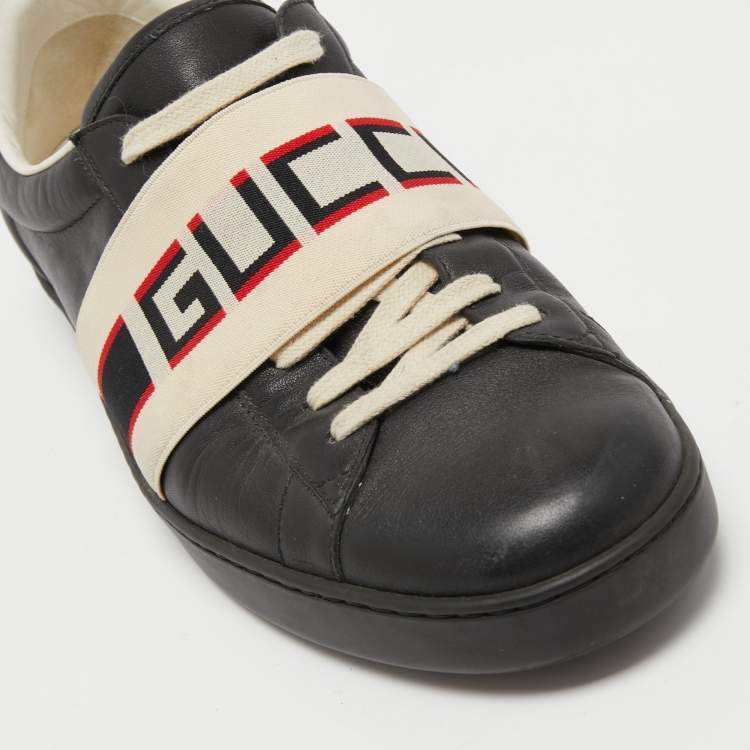 Pre Owned Gucci Black Leather Logo Elastic Band Ace Sneakers Size 44.5