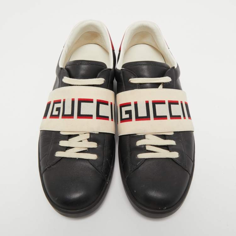Pre Owned Gucci Black Leather Logo Elastic Band Ace Sneakers Size 44.5