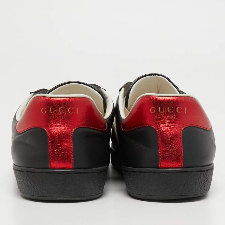 Pre Owned Gucci Black Leather Logo Elastic Band Ace Sneakers Size 44.5