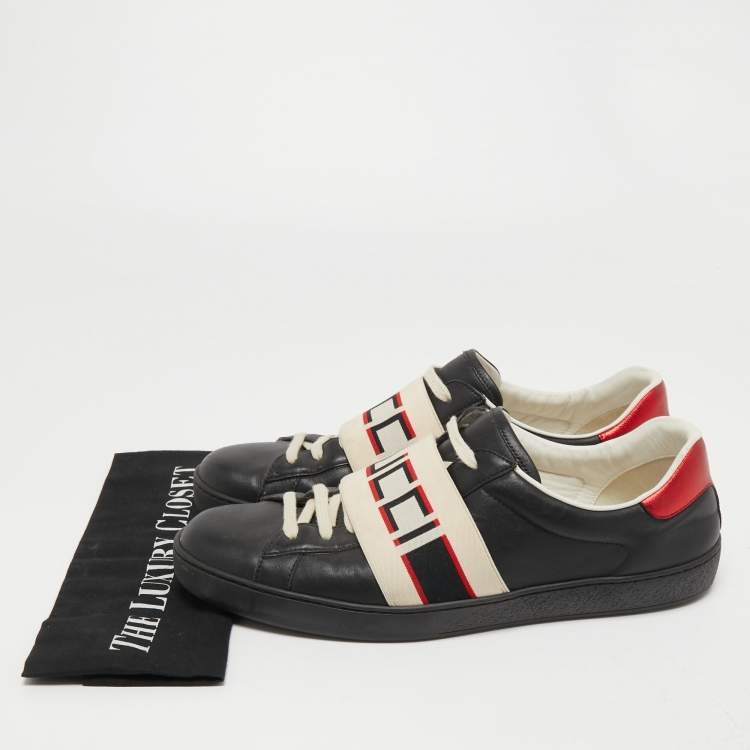 Pre Owned Gucci Black Leather Logo Elastic Band Ace Sneakers Size 44.5