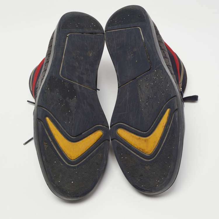 Pre Owned Gucci Navy Blue/Brown Leather and Nylon Diamante Web High Top Sneakers Size 43