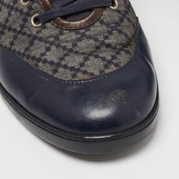 Pre Owned Gucci Navy Blue/Brown Leather and Nylon Diamante Web High Top Sneakers Size 43