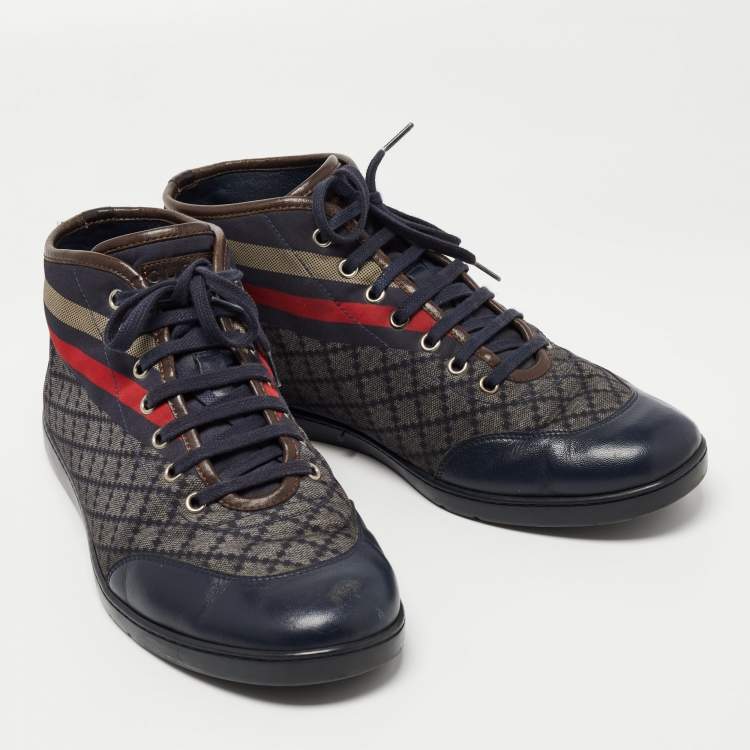 Pre Owned Gucci Navy Blue/Brown Leather and Nylon Diamante Web High Top Sneakers Size 43