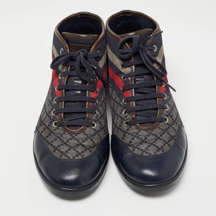 Pre Owned Gucci Navy Blue/Brown Leather and Nylon Diamante Web High Top Sneakers Size 43
