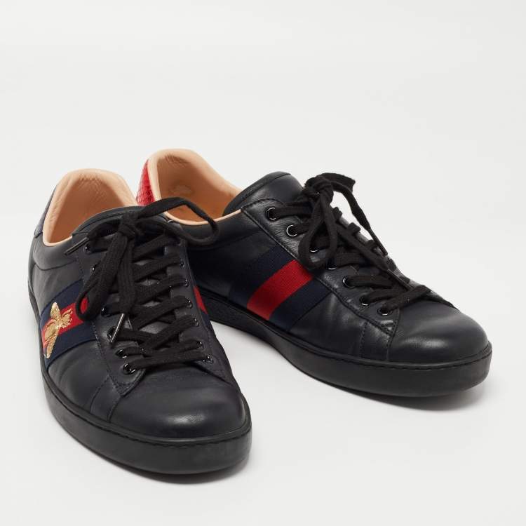 Pre Owned Gucci Black Leather Bee Embroidered Ace Sneakers Size 43.5