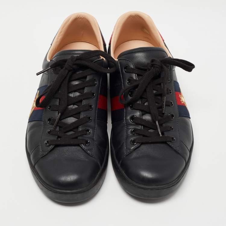 Pre Owned Gucci Black Leather Bee Embroidered Ace Sneakers Size 43.5