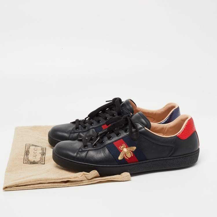 Pre Owned Gucci Black Leather Bee Embroidered Ace Sneakers Size 43.5