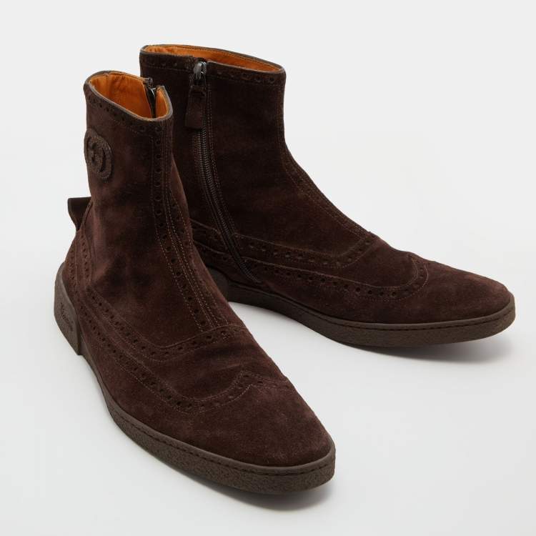 Pre Owned Gucci Dark Brown Suede Brogue Ankle Length Boots Size 43.5