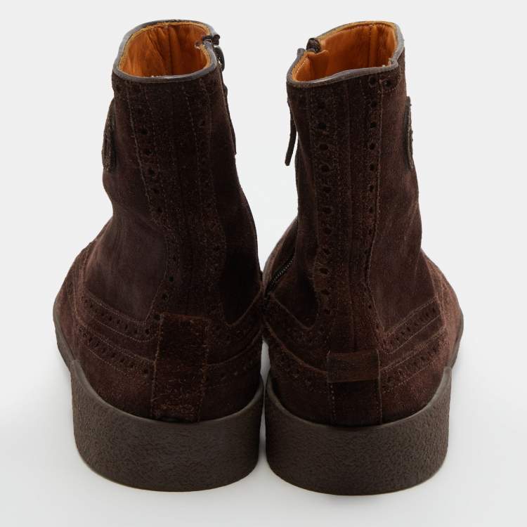 Pre Owned Gucci Dark Brown Suede Brogue Ankle Length Boots Size 43.5