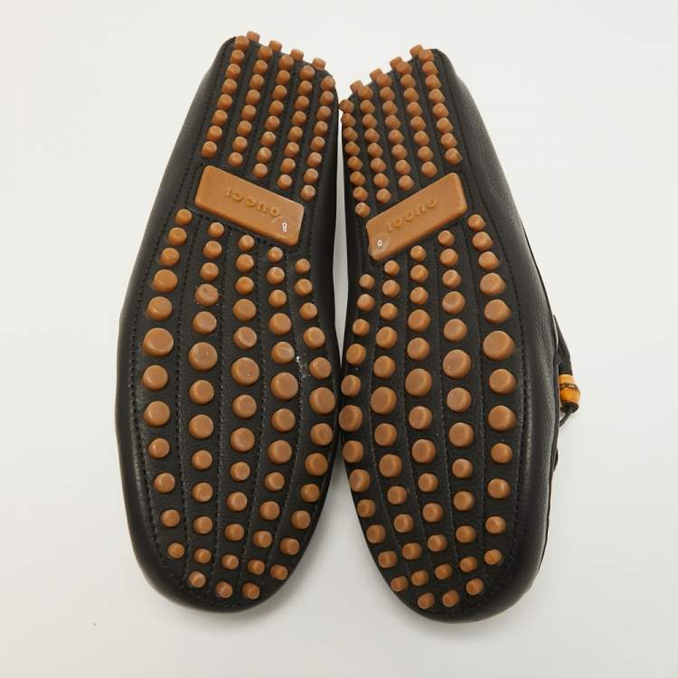 Pre Owned Gucci Black Leather Bamboo Tassel Boat Loafers Size 42