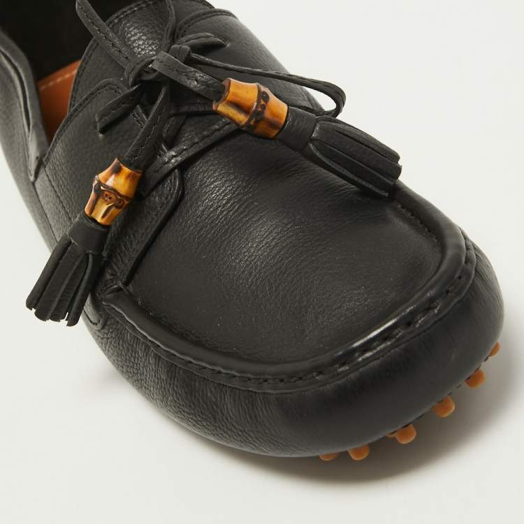 Pre Owned Gucci Black Leather Bamboo Tassel Boat Loafers Size 42
