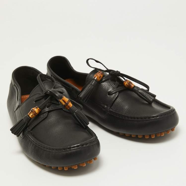 Pre Owned Gucci Black Leather Bamboo Tassel Boat Loafers Size 42